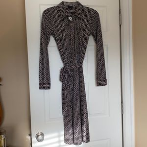 Talbots dress. Brown and white with belt. Buttons up the front.